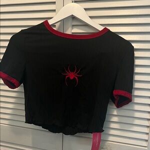 # 0755+ Black Crop Top with Red Spider Design
